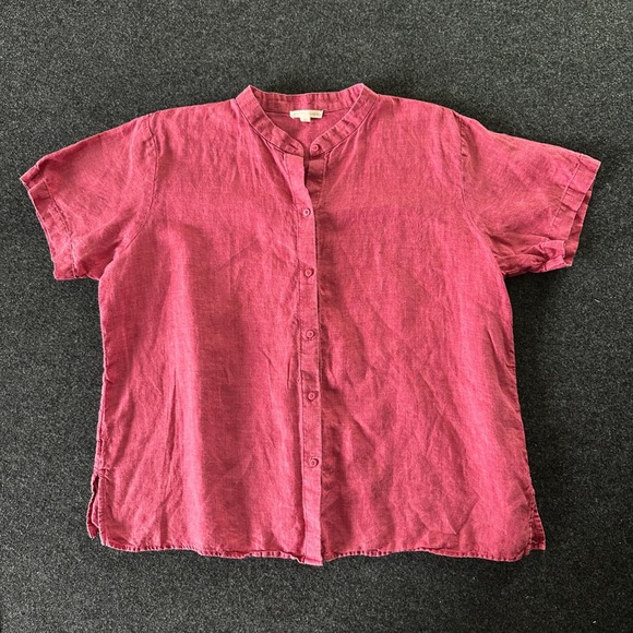 Eileen Fisher Tops - Eileen Fisher Raspberry Pink Organic Linen Mandarin Collar Button Up Shirt XL